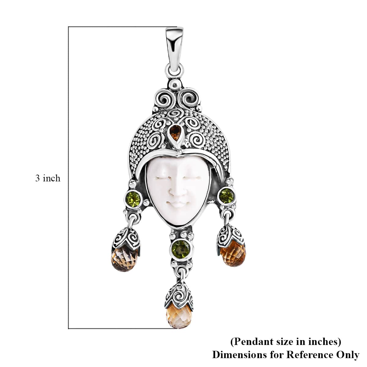 Bali Goddess Carved Bone and Multi Gemstone 7.70 ctw Pendant in Sterling Silver image number 5