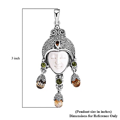 Bali Goddess Carved Bone and Multi Gemstone 7.70 ctw Pendant without Chain in Sterling Silver