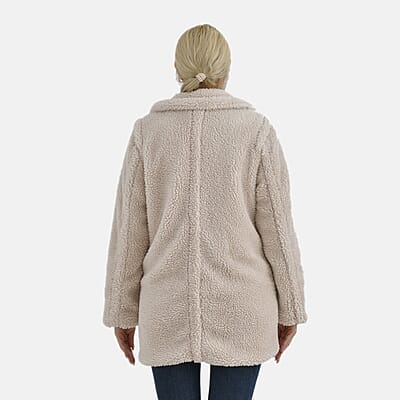 Tamsy Cream Luxe Sherpa Coat with Notch Collar and Pockets – One Size Missy
