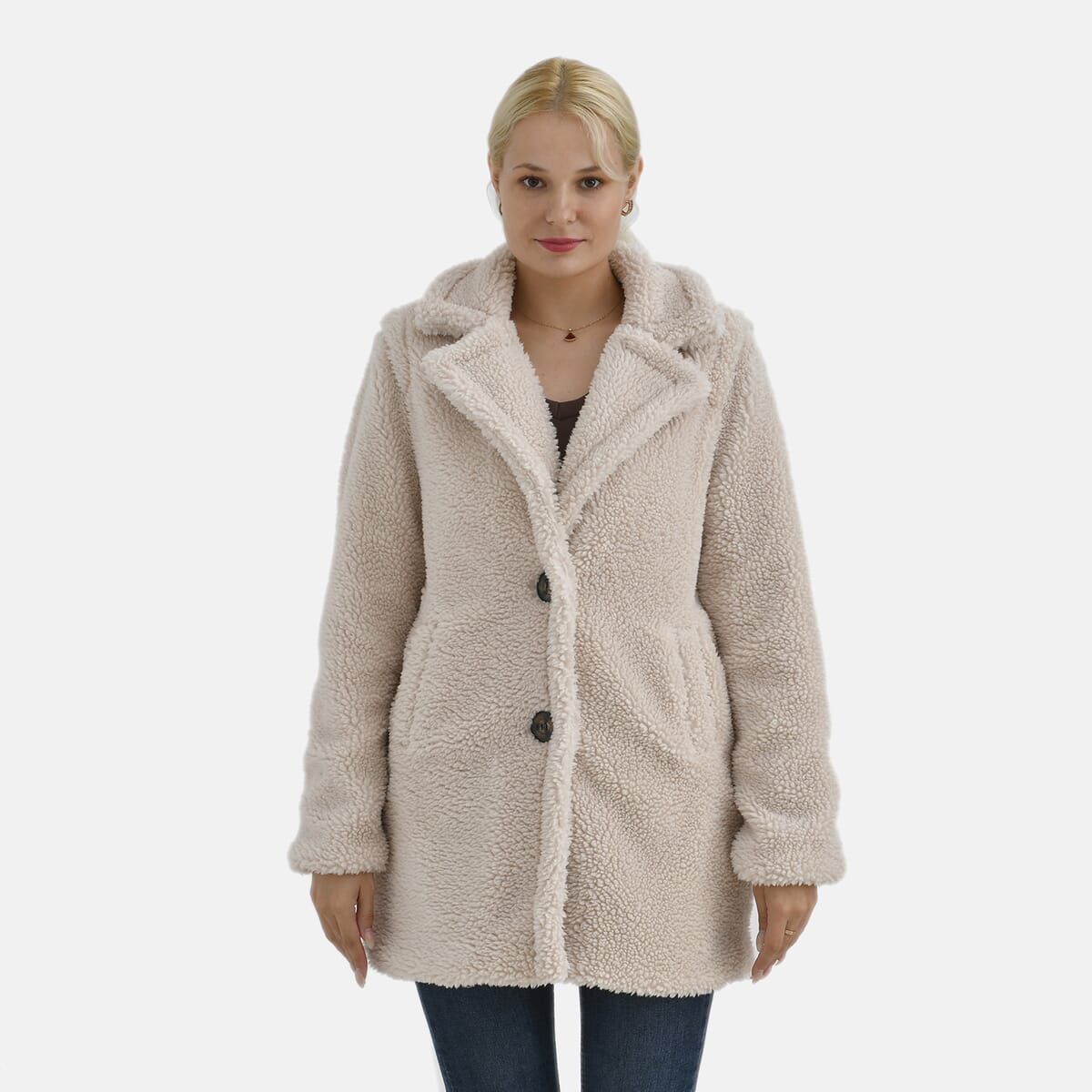 Tamsy Cream Luxe Sherpa Coat with Notch Collar and Pockets – One Size Plus image number 0