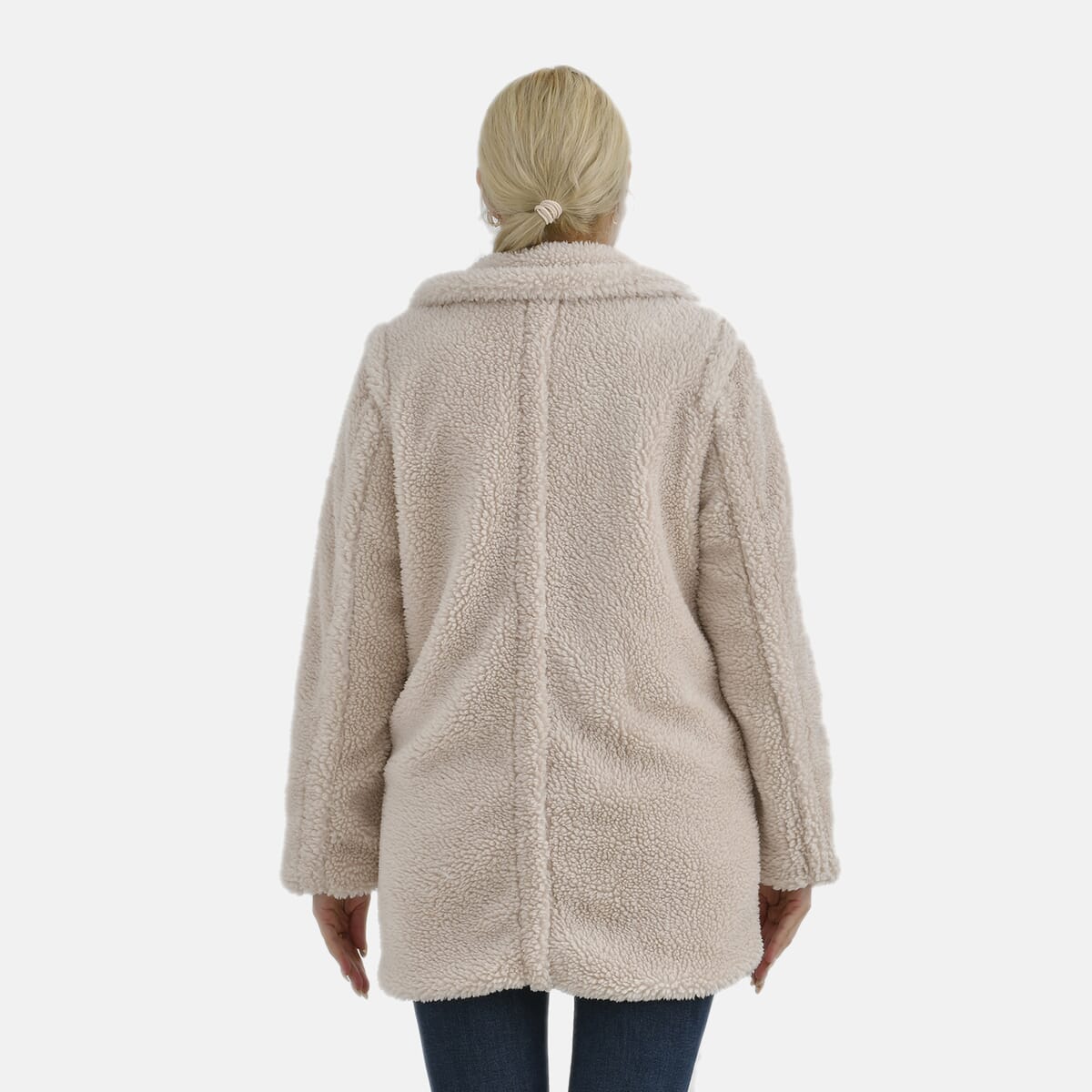 Tamsy Cream Luxe Sherpa Coat with Notch Collar and Pockets – One Size Plus image number 1