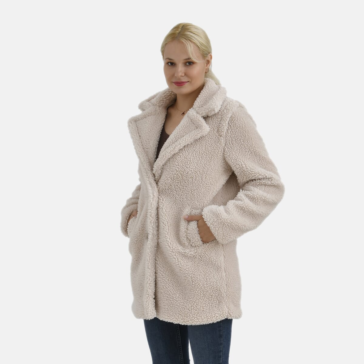 Tamsy Cream Luxe Sherpa Coat with Notch Collar and Pockets – One Size Plus image number 3