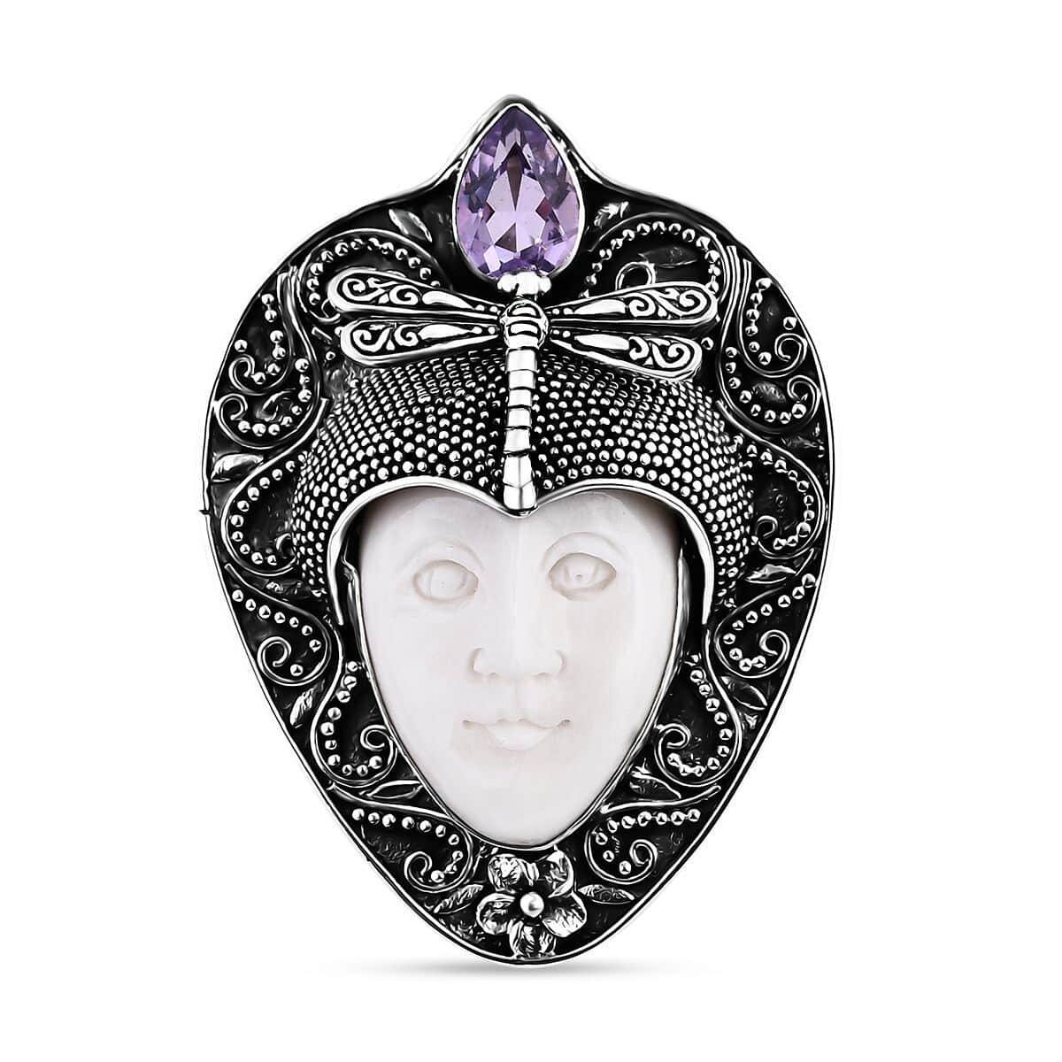 Bali Goddess Carved Bone and Rose De France Amethyst 1.80 ctw Pendant in Sterling Silver  image number 0