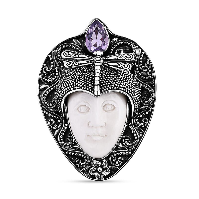 Bali Goddess Carved Bone and Rose De France Amethyst 1.80 ctw Pendant without Chain in Sterling Silver 