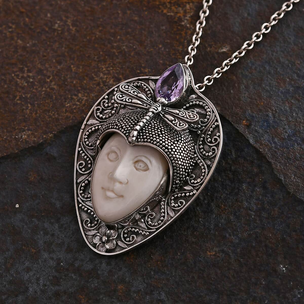 Bali Goddess Carved Bone and Rose De France Amethyst 1.80 ctw Pendant in Sterling Silver  image number 1