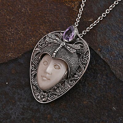 Bali Goddess Carved Bone and Rose De France Amethyst 1.80 ctw Pendant without Chain in Sterling Silver 
