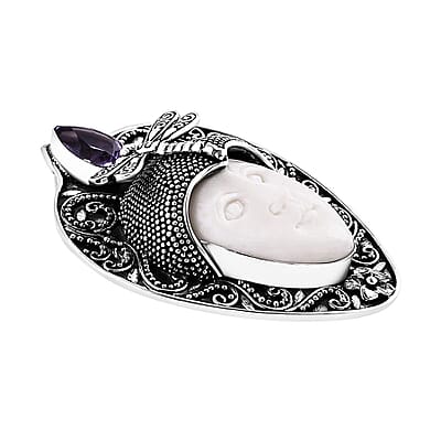 Bali Goddess Carved Bone and Rose De France Amethyst 1.80 ctw Pendant without Chain in Sterling Silver 