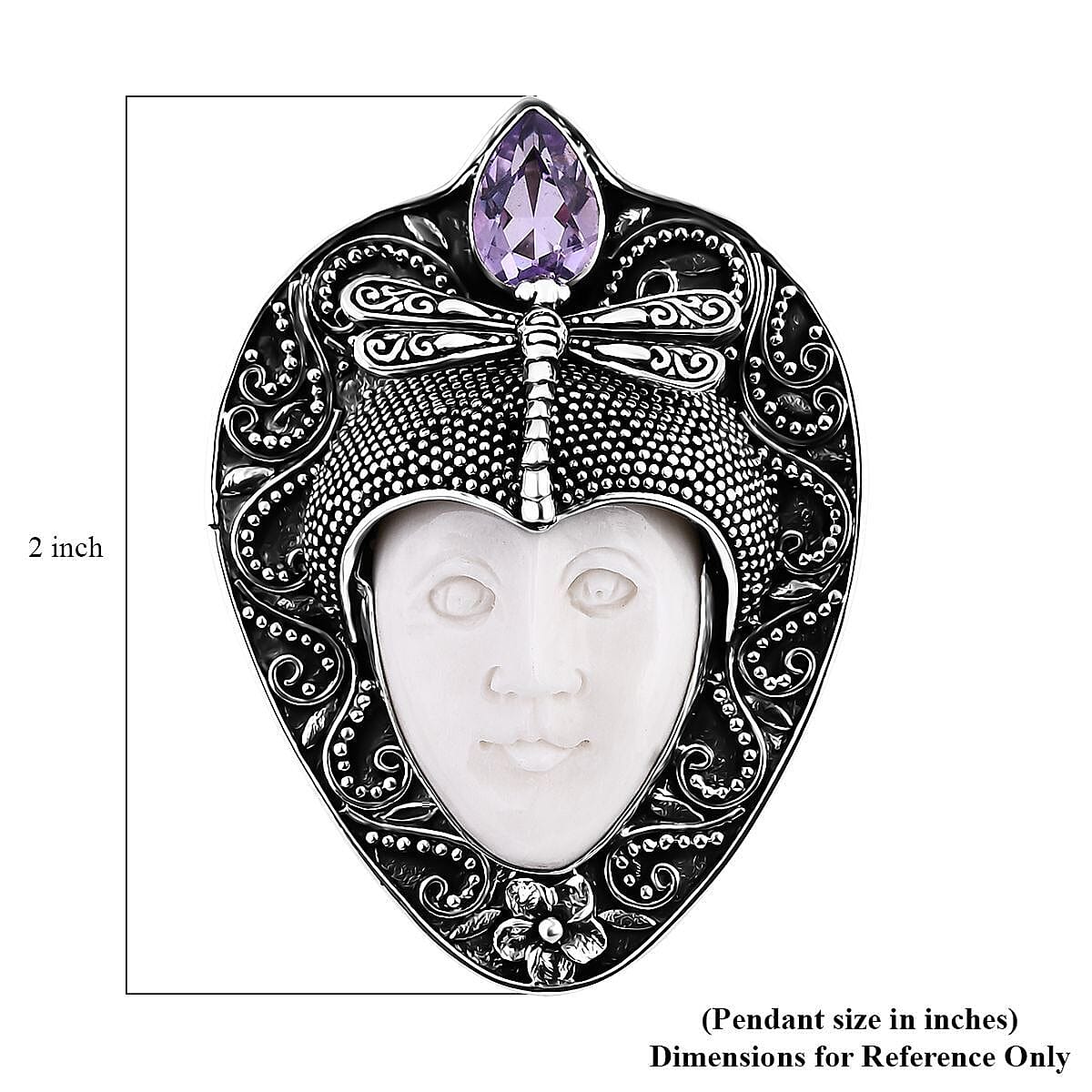 Bali Goddess Carved Bone and Rose De France Amethyst 1.80 ctw Pendant without Chain in Sterling Silver 