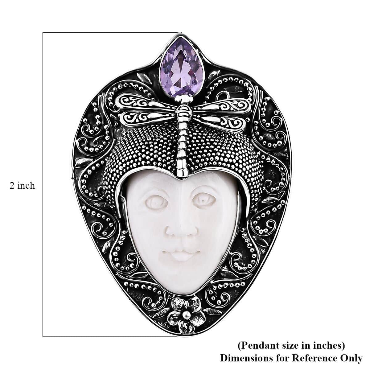 Bali Goddess Carved Bone and Rose De France Amethyst 1.80 ctw Pendant in Sterling Silver  image number 5