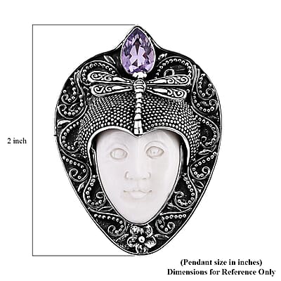Bali Goddess Carved Bone and Rose De France Amethyst 1.80 ctw Pendant without Chain in Sterling Silver 