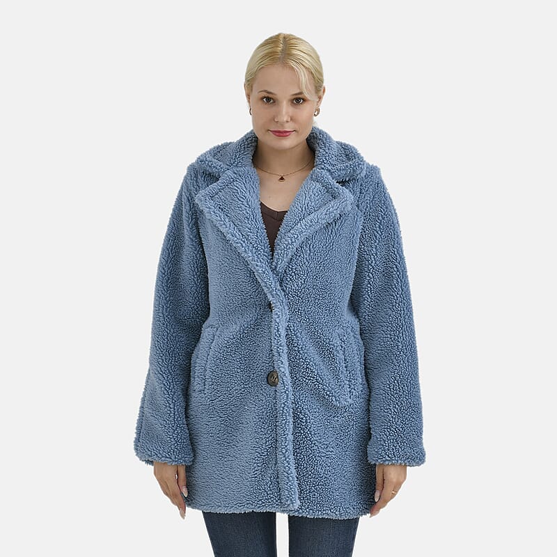 Tamsy Blue Luxe Sherpa Coat with Notch Collar and Pockets – One Size Plus