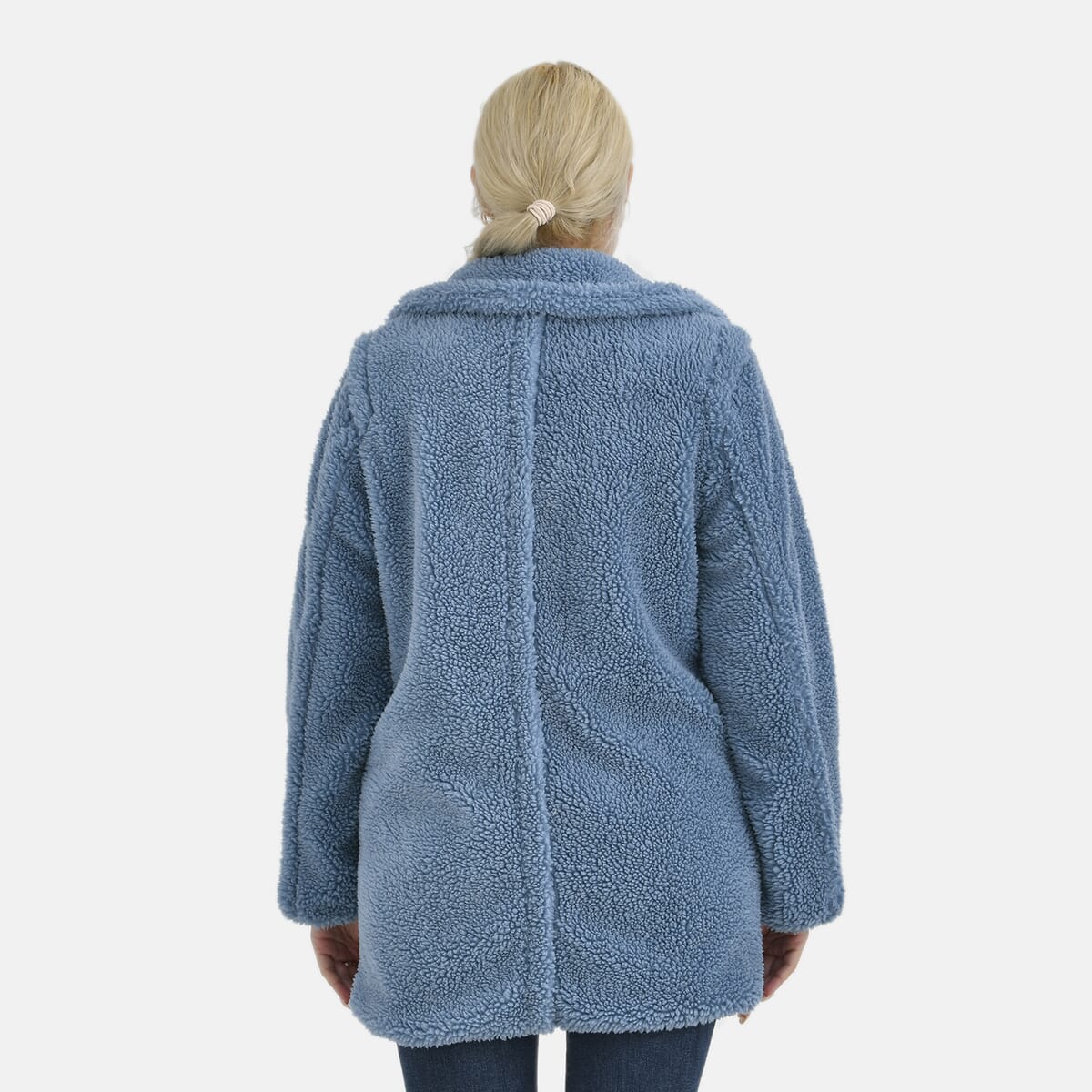 Tamsy Blue Luxe Sherpa Coat with Notch Collar and Pockets – One Size Plus image number 1