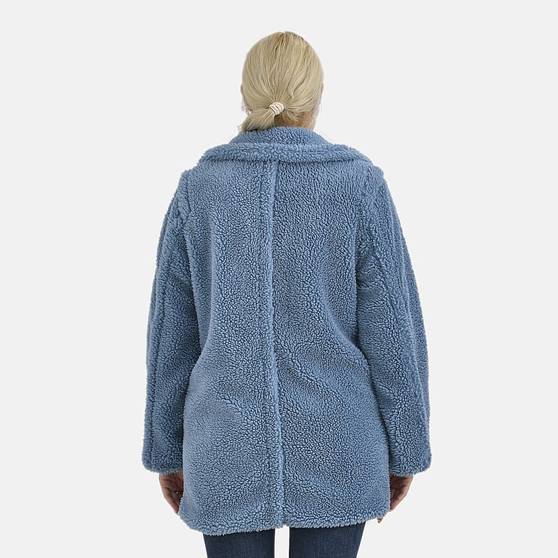 Tamsy Blue Luxe Sherpa Coat with Notch Collar and Pockets – One Size Plus