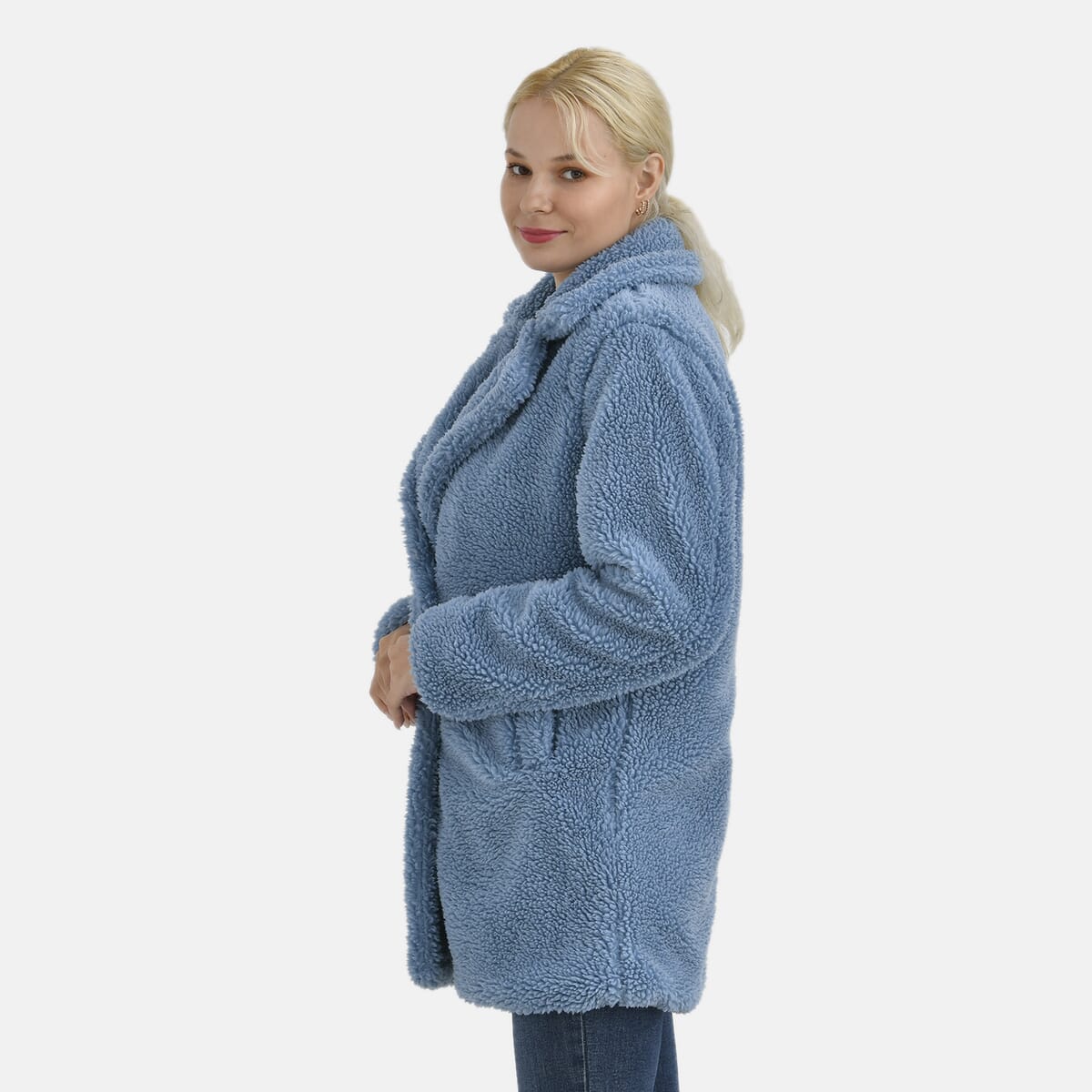 Tamsy Blue Luxe Sherpa Coat with Notch Collar and Pockets – One Size Plus image number 2