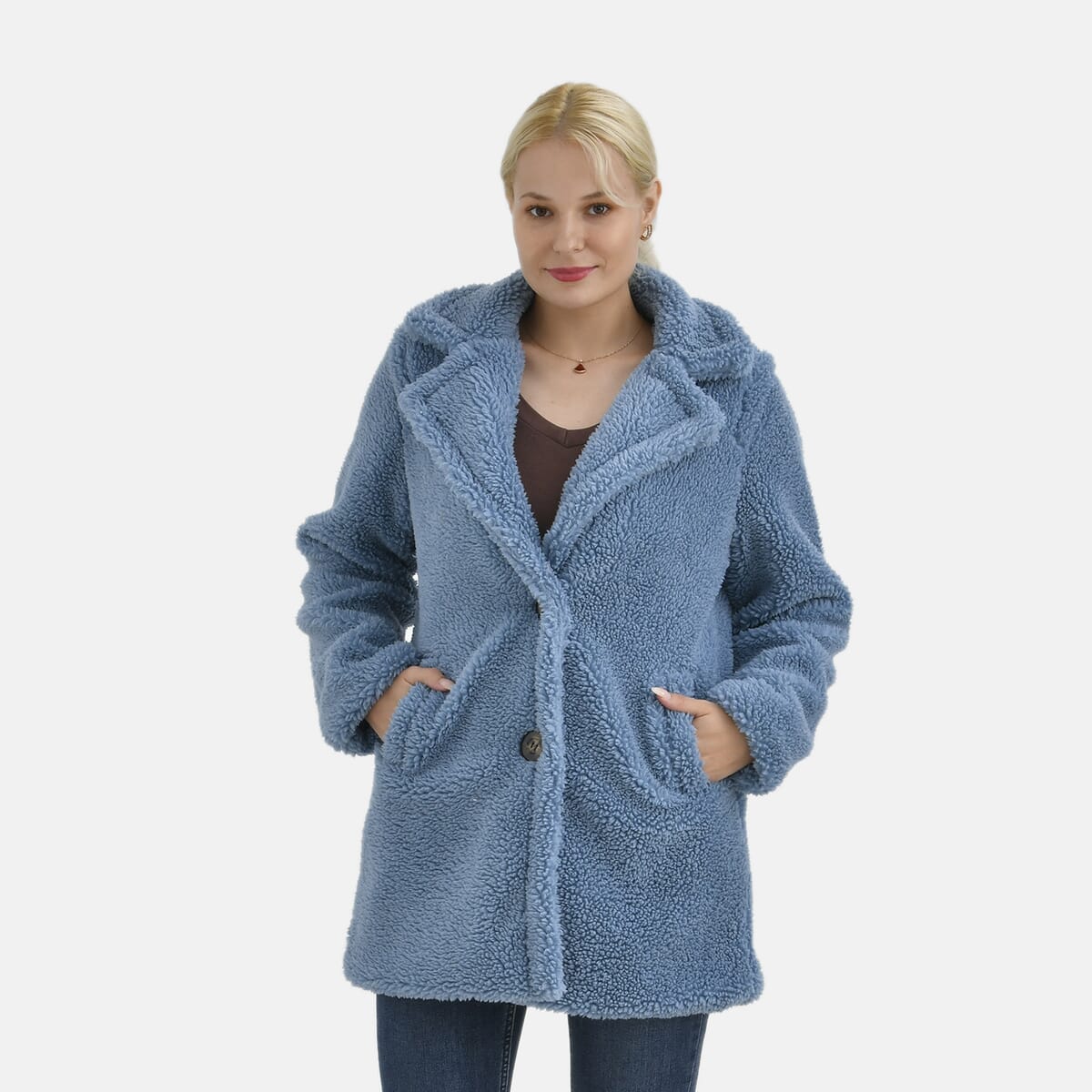 Tamsy Blue Luxe Sherpa Coat with Notch Collar and Pockets – One Size Plus image number 3
