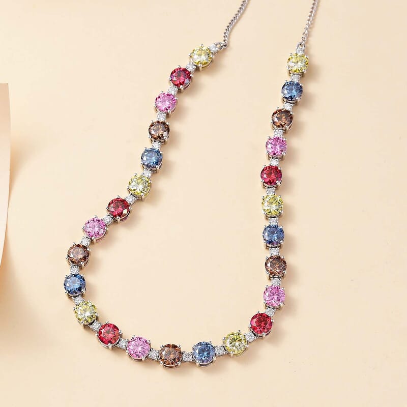 Colors of Moissanite 26.40 ctw Rainbow Radiance Necklace in Rhodium Over Sterling Silver 18-20 Inches