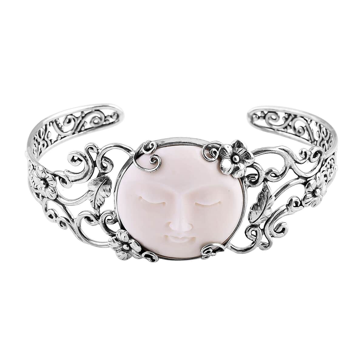 Bali Goddess Carved Bone Floral and Leaf Cuff Bracelet in Sterling Silver (7.25 In) image number 0