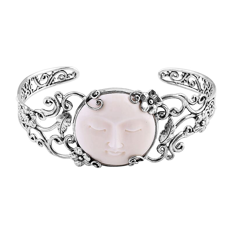 Bali Goddess Carved Bone Floral and Leaf Cuff Bracelet in Sterling Silver (7.25 In)