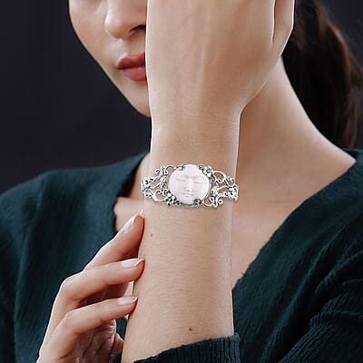 Bali Goddess Carved Bone Floral and Leaf Cuff Bracelet in Sterling Silver (7.25 In)