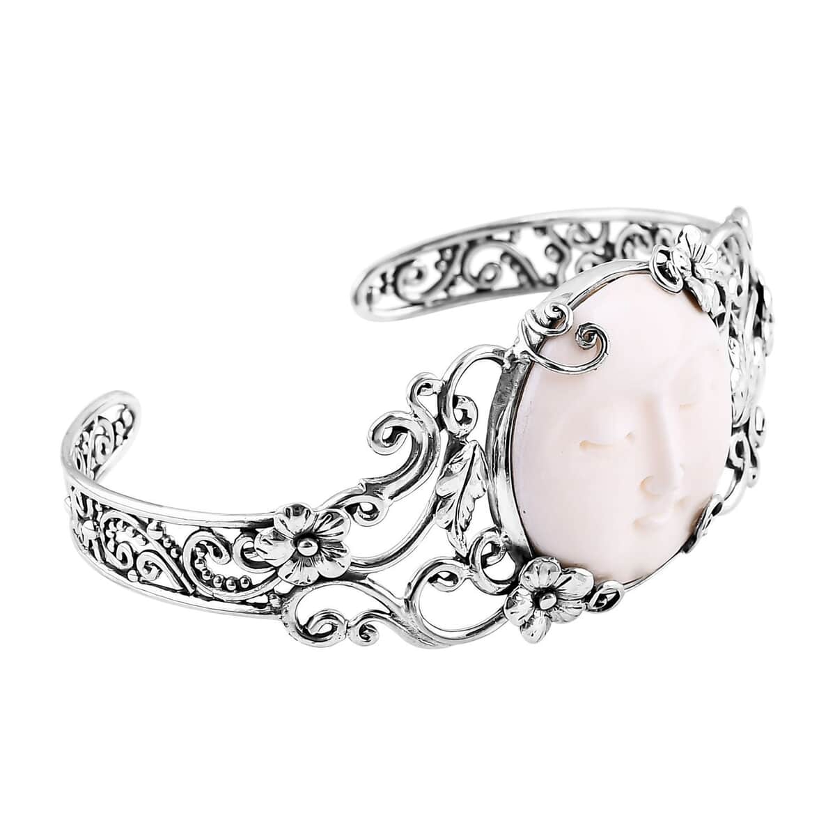 Bali Goddess Carved Bone Floral and Leaf Cuff Bracelet in Sterling Silver (7.25 In) image number 3