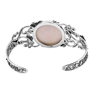 Bali Goddess Carved Bone Floral and Leaf Cuff Bracelet in Sterling Silver (7.25 In)