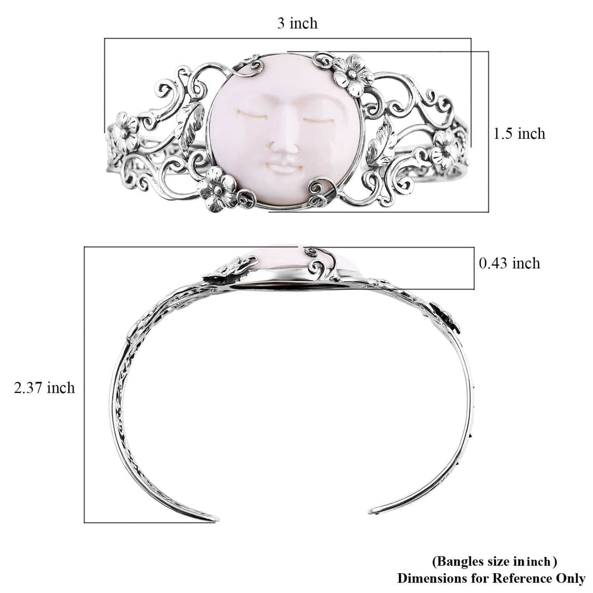 Bali Goddess Carved Bone Floral and Leaf Cuff Bracelet in Sterling Silver (7.25 In) image number 5