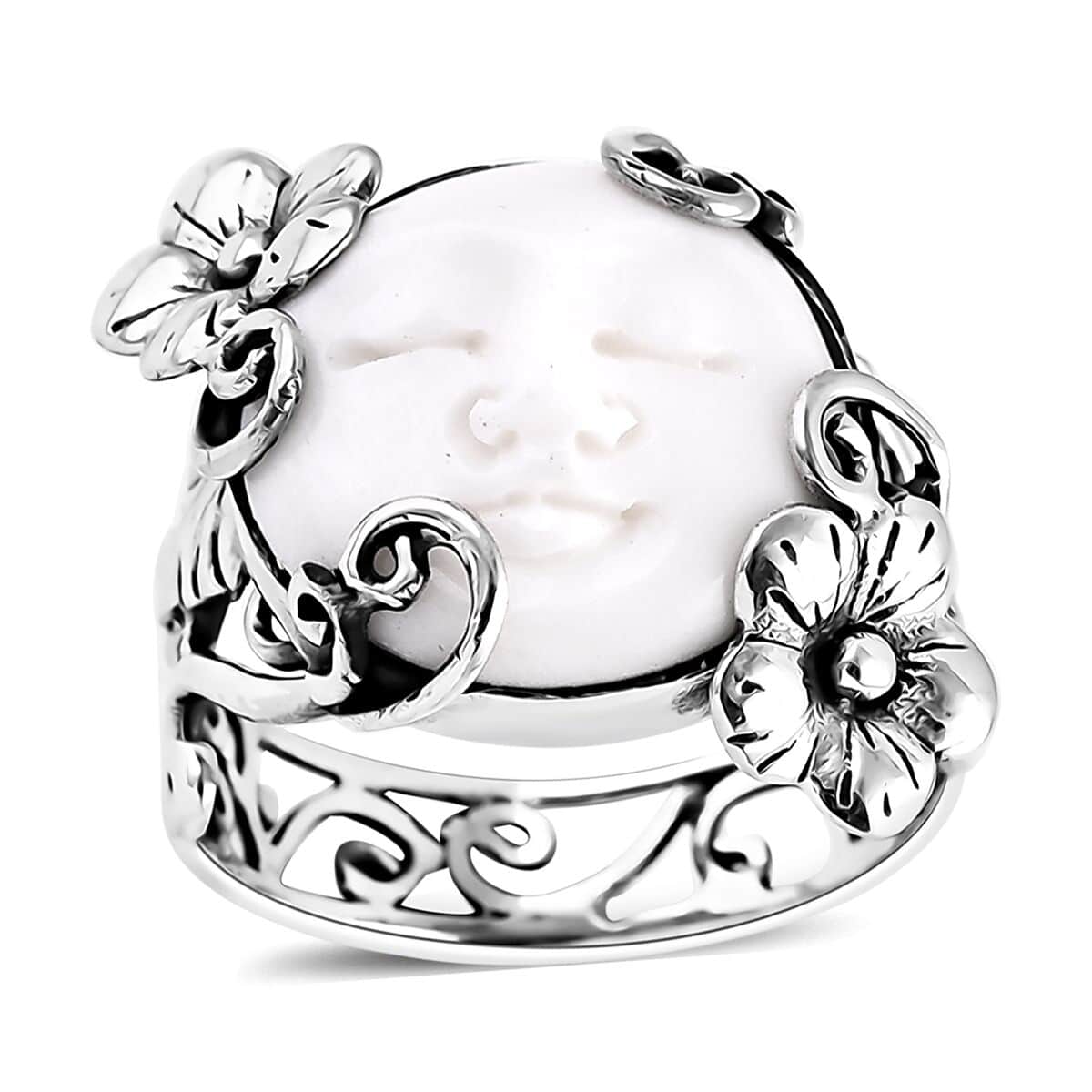 Bali Goddess Carved Bone Floral and Leaf Ring in Sterling Silver (Size 10.0) image number 0