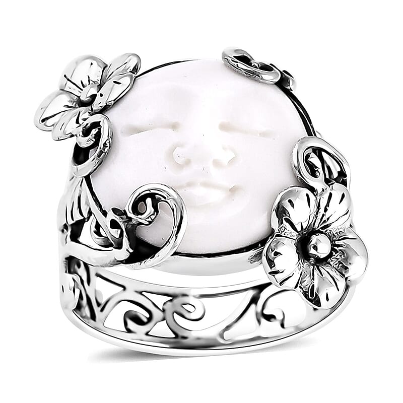 Bali Goddess Carved Bone Floral and Leaf Ring in Sterling Silver (Size 10.0)