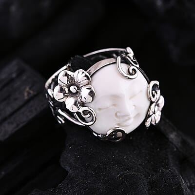 Bali Goddess Carved Bone Floral and Leaf Ring in Sterling Silver (Size 10.0)