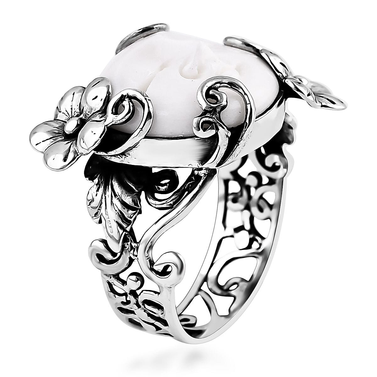 Bali Goddess Carved Bone Floral and Leaf Ring in Sterling Silver (Size 10.0)