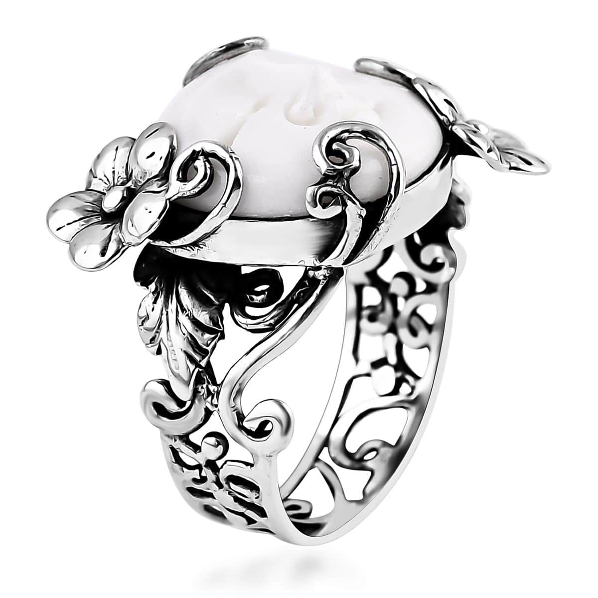 Bali Goddess Carved Bone Floral and Leaf Ring in Sterling Silver (Size 10.0) image number 3