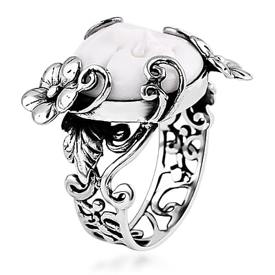 Bali Goddess Carved Bone Floral and Leaf Ring in Sterling Silver (Size 10.0)