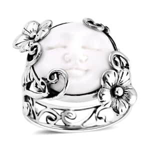 Bali Goddess Carved Bone Floral and Leaf Ring in Sterling Silver (Size 7.0)