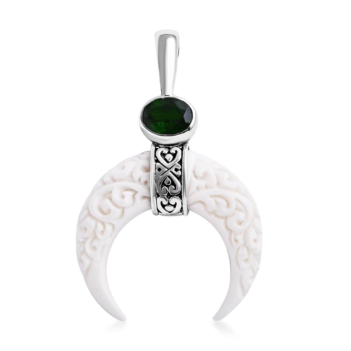 Bali Goddess Carved Bone and Chrome Diopside 1.25 ctw Crescent Moon Pendant in Sterling Silver image number 0