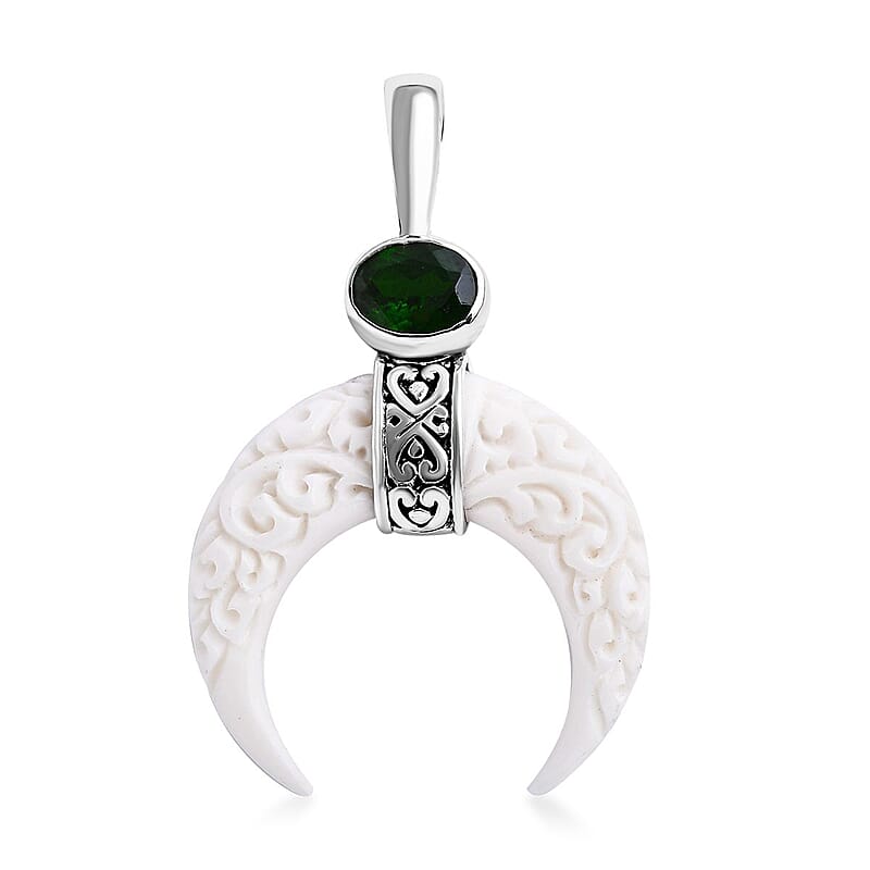 Bali Goddess Carved Bone and Chrome Diopside 1.25 ctw Crescent Moon Pendant without Chain in Sterling Silver