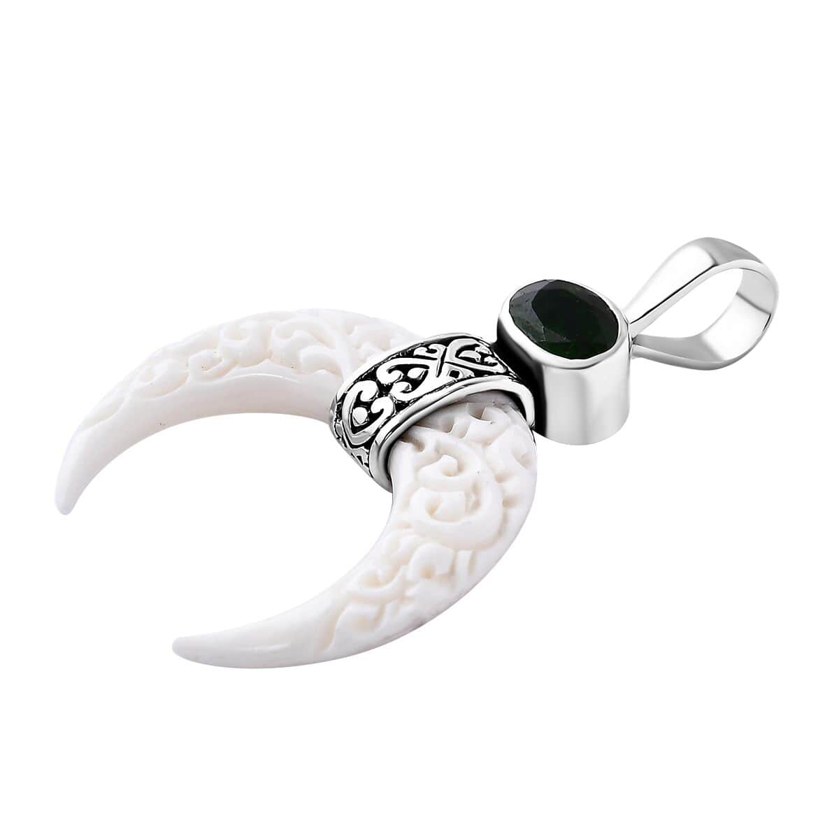 Bali Goddess Carved Bone and Chrome Diopside 1.25 ctw Crescent Moon Pendant in Sterling Silver image number 3