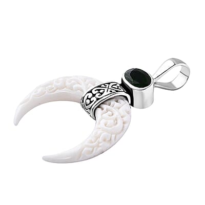 Bali Goddess Carved Bone and Chrome Diopside 1.25 ctw Crescent Moon Pendant without Chain in Sterling Silver