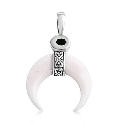 Bali Goddess Carved Bone and Chrome Diopside 1.25 ctw Crescent Moon Pendant without Chain in Sterling Silver