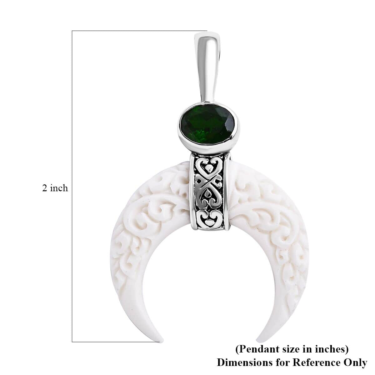 Bali Goddess Carved Bone and Chrome Diopside 1.25 ctw Crescent Moon Pendant in Sterling Silver image number 5