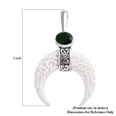 Bali Goddess Carved Bone and Chrome Diopside 1.25 ctw Crescent Moon Pendant without Chain in Sterling Silver