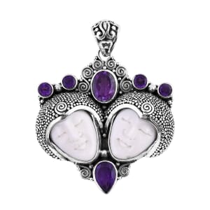 Bali Goddess Carved Bone and African Amethyst 3.70 ctw Royal Romance Pendant without Chain in Sterling Silver