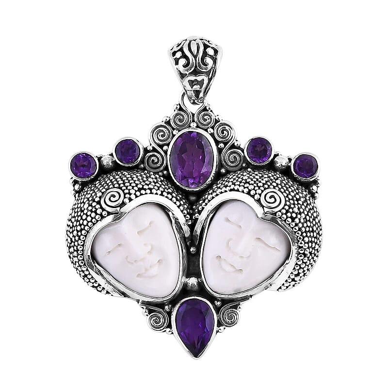 Bali Goddess Carved Bone and African Amethyst 3.70 ctw Royal Romance Pendant without Chain in Sterling Silver