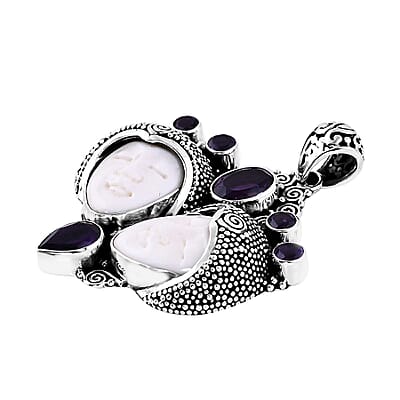 Bali Goddess Carved Bone and African Amethyst 3.70 ctw Royal Romance Pendant without Chain in Sterling Silver