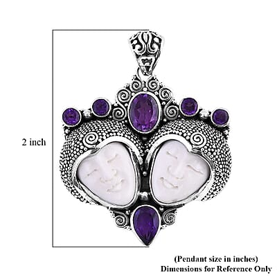 Bali Goddess Carved Bone and African Amethyst 3.70 ctw Royal Romance Pendant without Chain in Sterling Silver