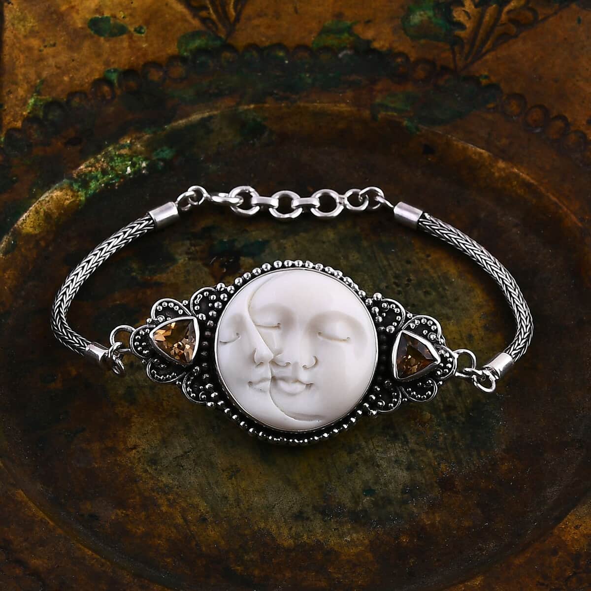 Bali Goddess Carved Bone and Brazilian Citrine 2.20 ctw Bracelet in Sterling Silver (7.25 In) image number 1