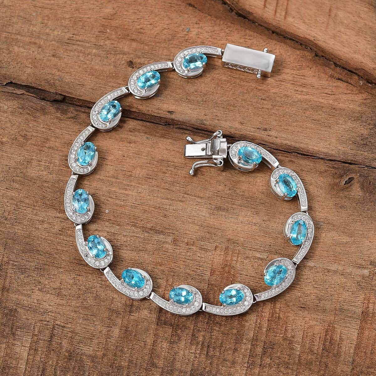 Doorbuster Premium Betroka Blue Apatite and White Zircon 6.80 ctw Sea Waves Bracelet in Rhodium Over Sterling Silver (6.50 In) image number 1