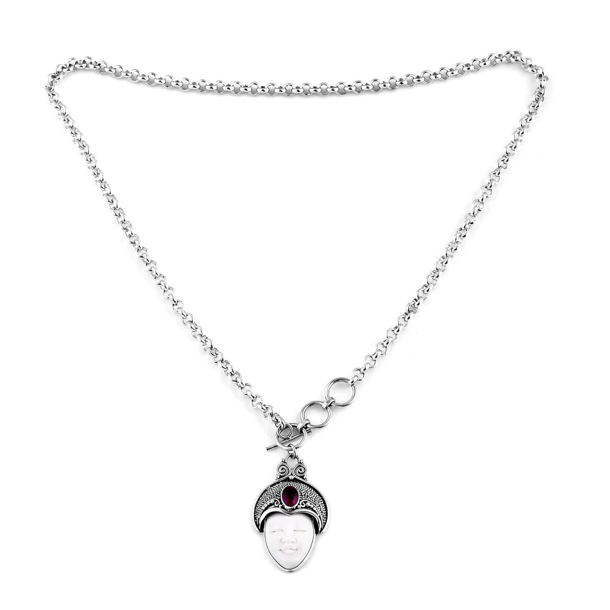 Bali Goddess Carved Bone and Niassa Ruby (FF) 1.20 ctw Necklace in Sterling Silver 18 Inches image number 0