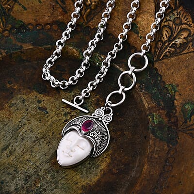 Bali Goddess Carved Bone and Niassa Ruby (FF) 1.20 ctw Necklace in Sterling Silver 18 Inches