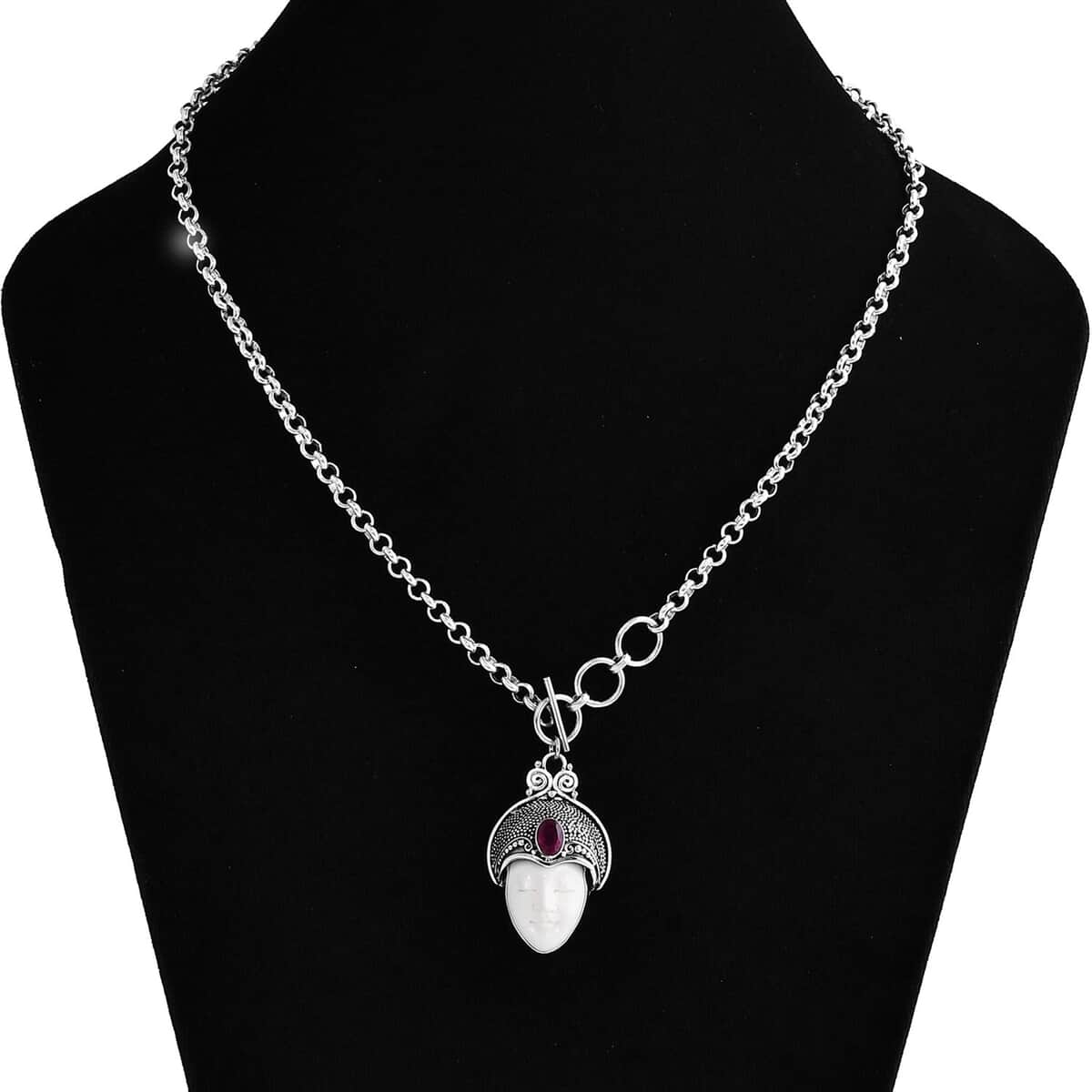 Bali Goddess Carved Bone and Niassa Ruby (FF) 1.20 ctw Necklace in Sterling Silver 18 Inches image number 2