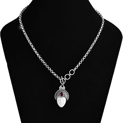 Bali Goddess Carved Bone and Niassa Ruby (FF) 1.20 ctw Necklace in Sterling Silver 18 Inches